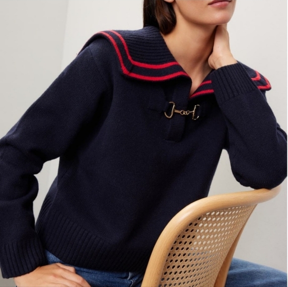 SANDRO WILLIANS Puritan Collar Wool Sweater in Navy Blue Size:0 - Picture 4 of 14